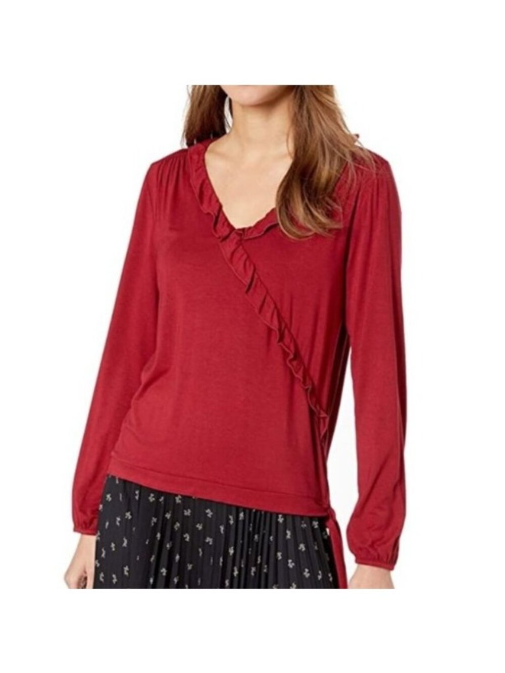 J‎ Crew Merchantile Long Sleeve Shirt Womens XS Red New Ruffle Vneck